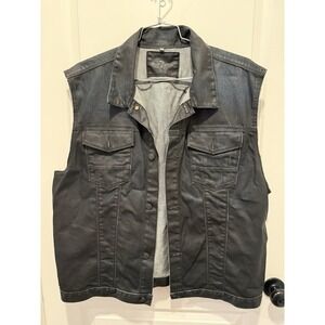 7 For All Mankind Vest Mens XXL Black /blue Coated Denim Trucker Moto Waxed